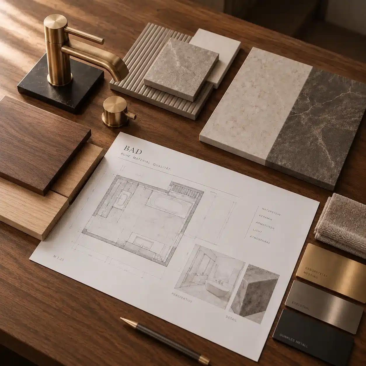 Materialboard mit Naturstein, Messingarmaturen und Badgrundriss